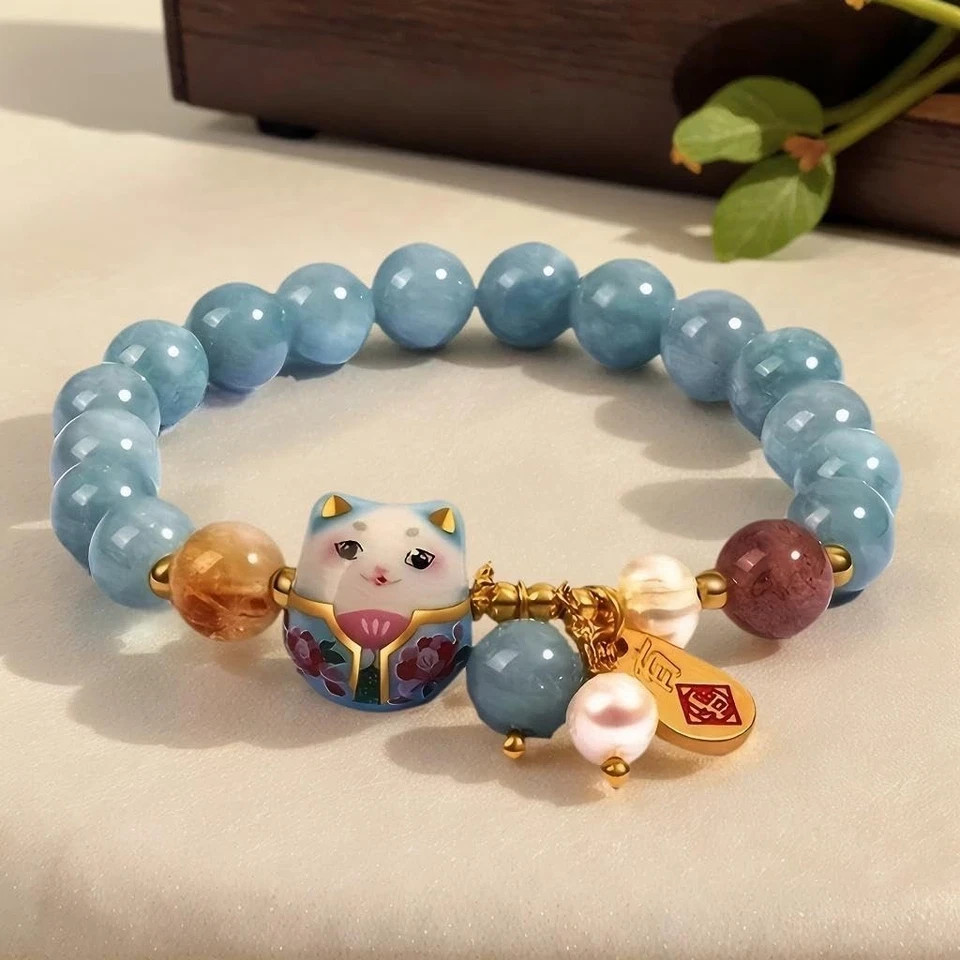 Lucky Cat Bracelet with Blue Crystal, Ceramic Cat Pendant, Feng Shui Good Luck J