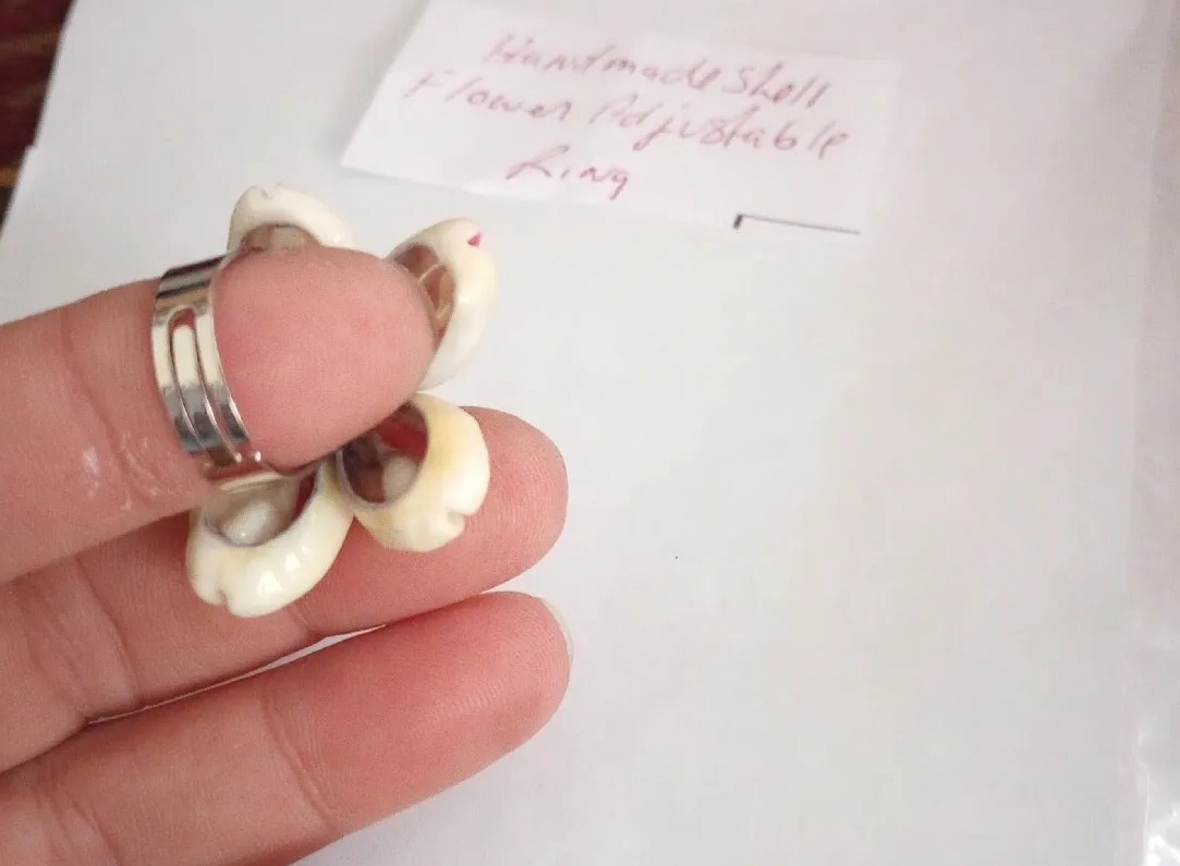 Hand Made Shell Flower White ,Pink, Brown Silver Tone Adjustable Ring
