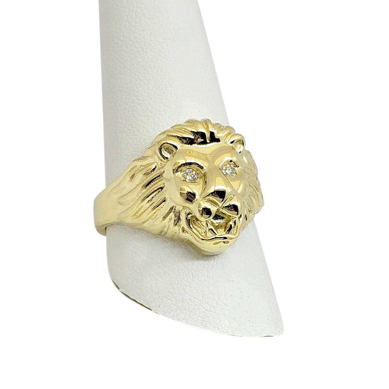 Solid 14K Yellow Gold Mens Lion Ring with Diamond Eyes Size 5 – 15