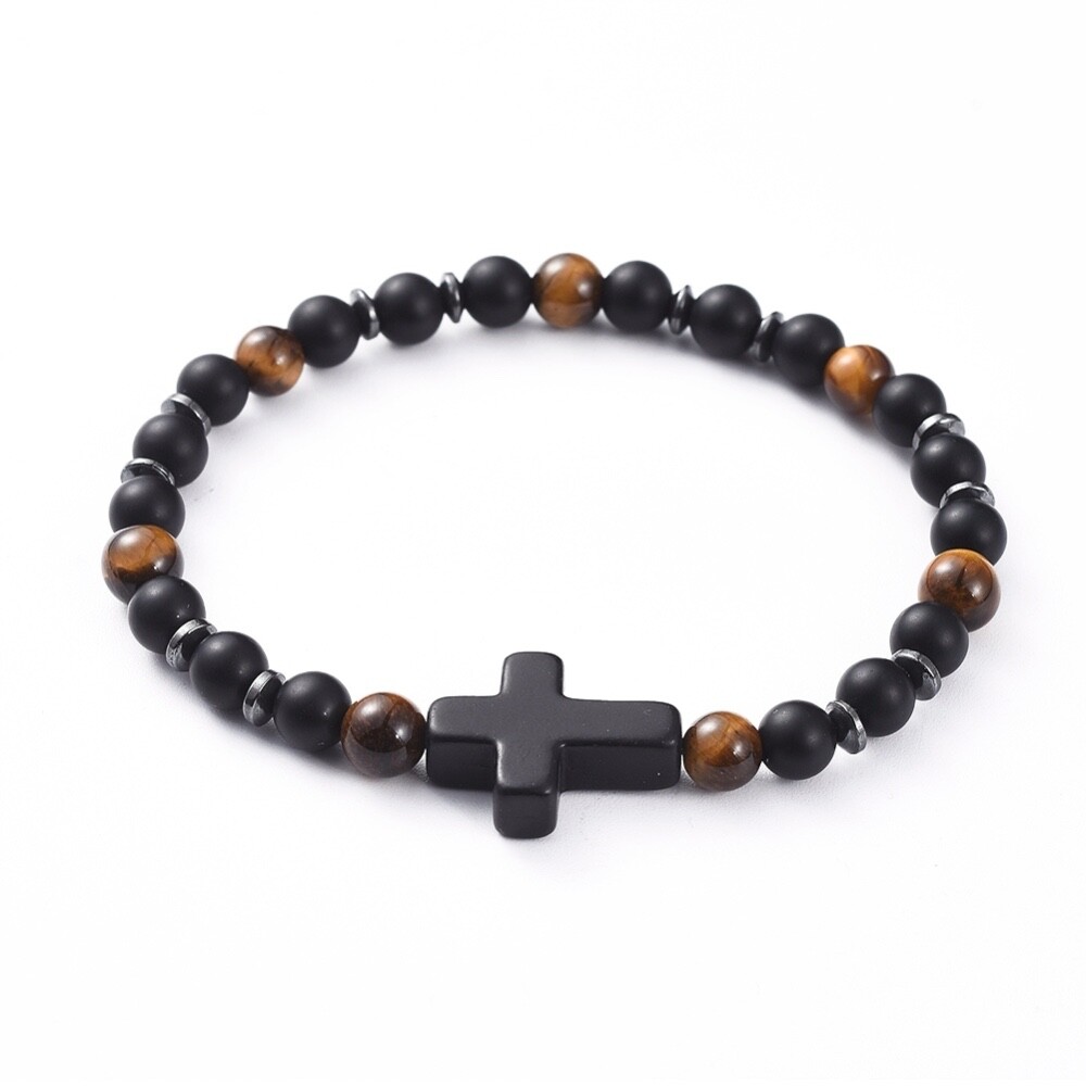Unisex Tiger Eye Stretch Bracelet Cross Black Agate Frosted Stretch Healing T53