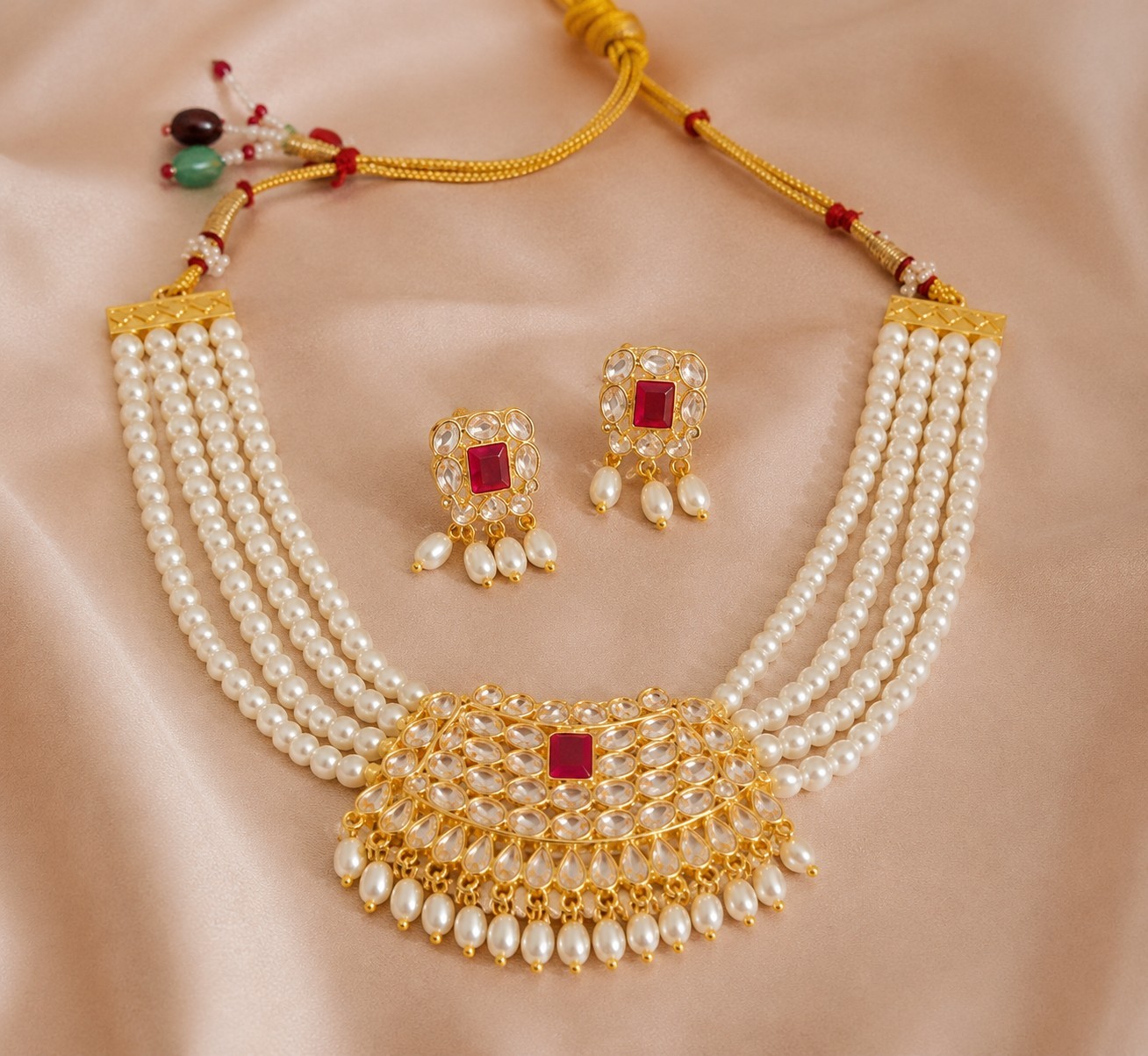 Indian Traditional Multi Layered Pearl Kundan Gold Plated Choker Collar Necklace