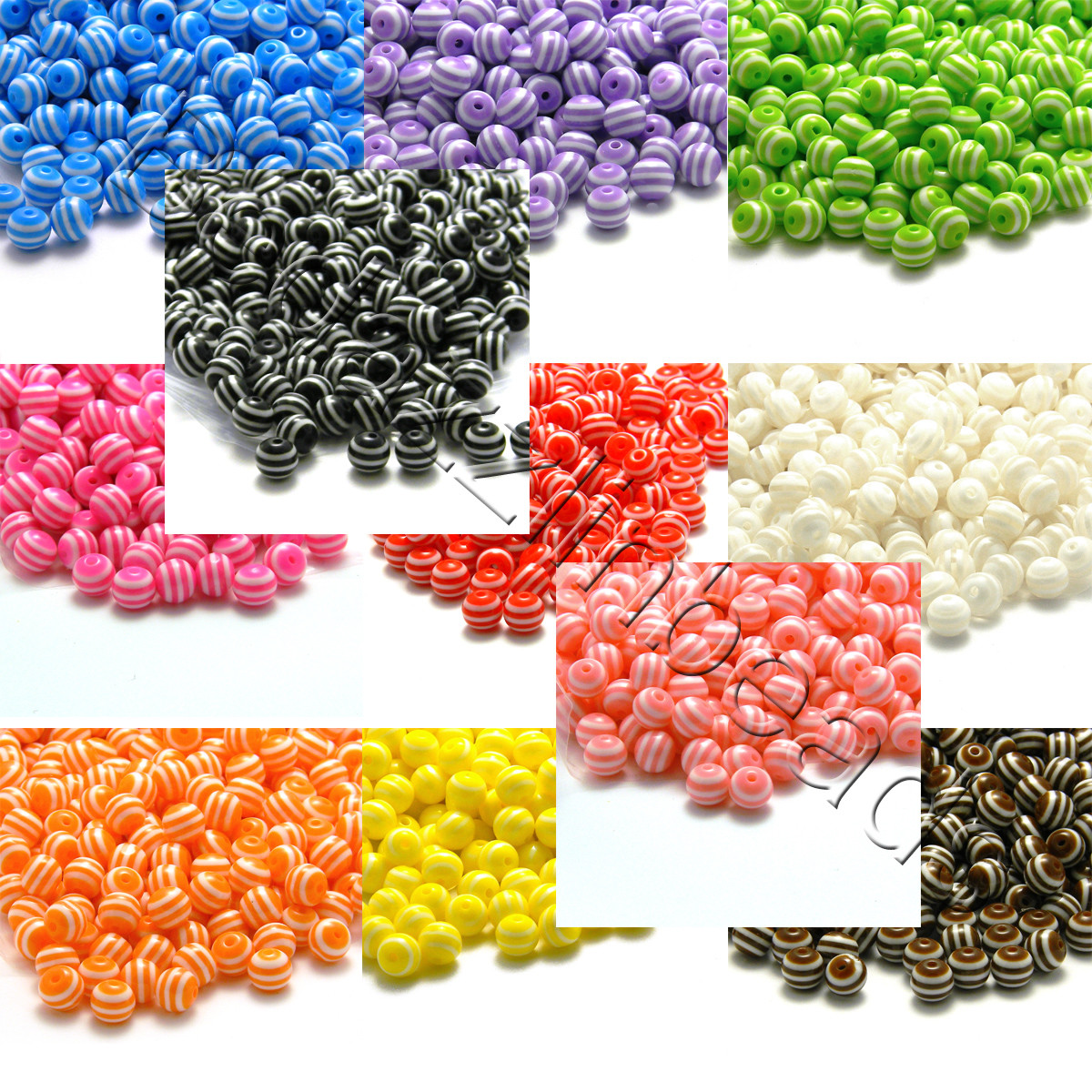 20 Striped Plastic Acrylic Resin 8mm Round Beads with Defined White Stripes