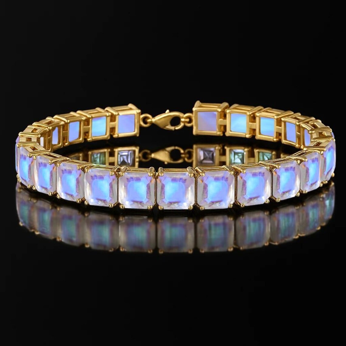 White Rainbow moonstone tennis bracelet October bracelet jewelry 18k solid gold