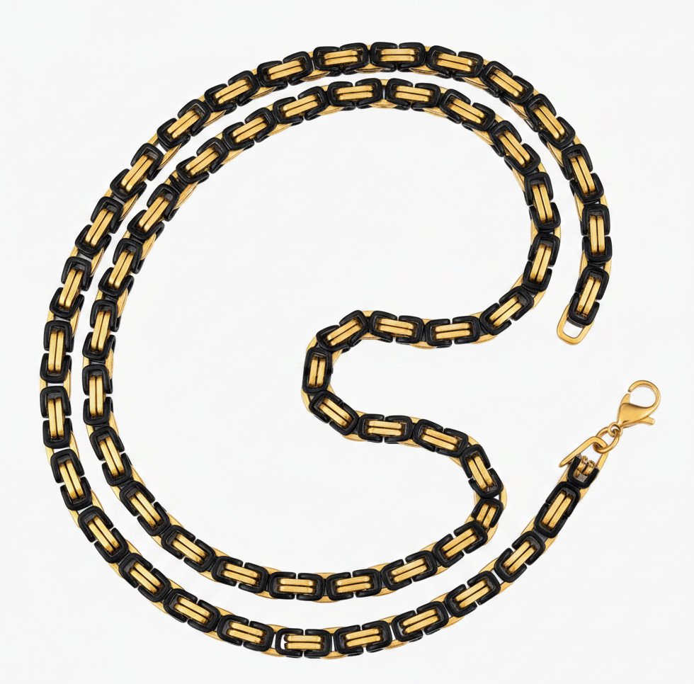 Black & Gold 7mm Byzantine Two-Tone Stainless Steel Unisex Necklace 27