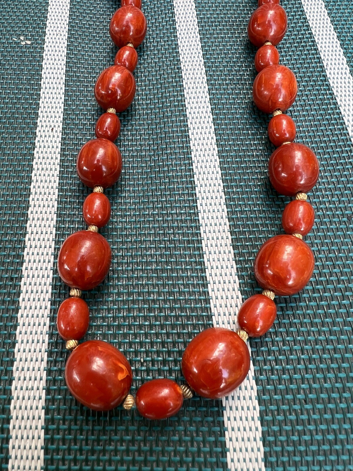 Vintage Bakelite Red Oval Swirl Bead Necklace 83.5 Grams 28.5″
