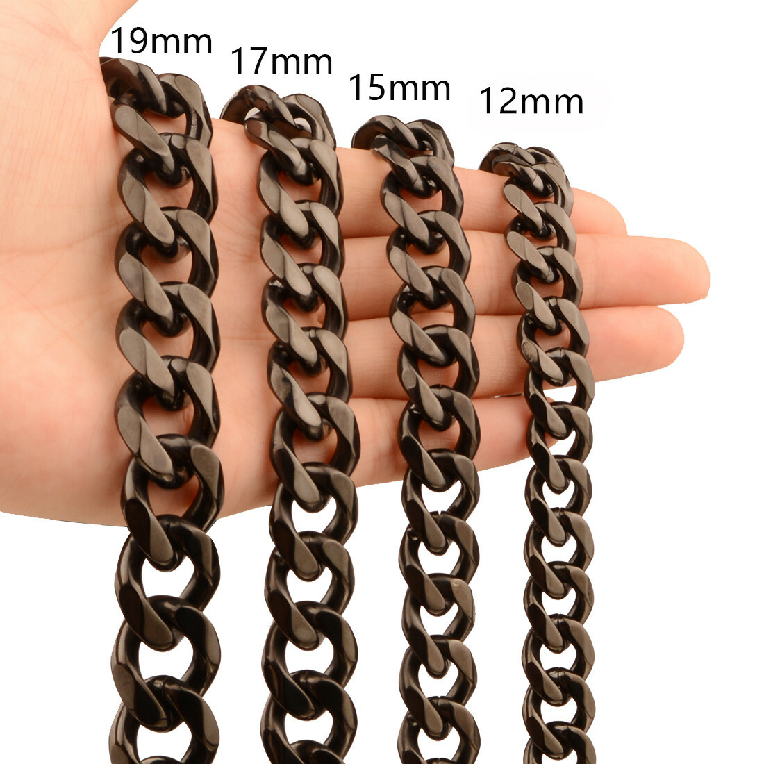 12/15/19/17MM Heavy Black Tone 316L Stainless Steel Men’s Curb Chain Necklace