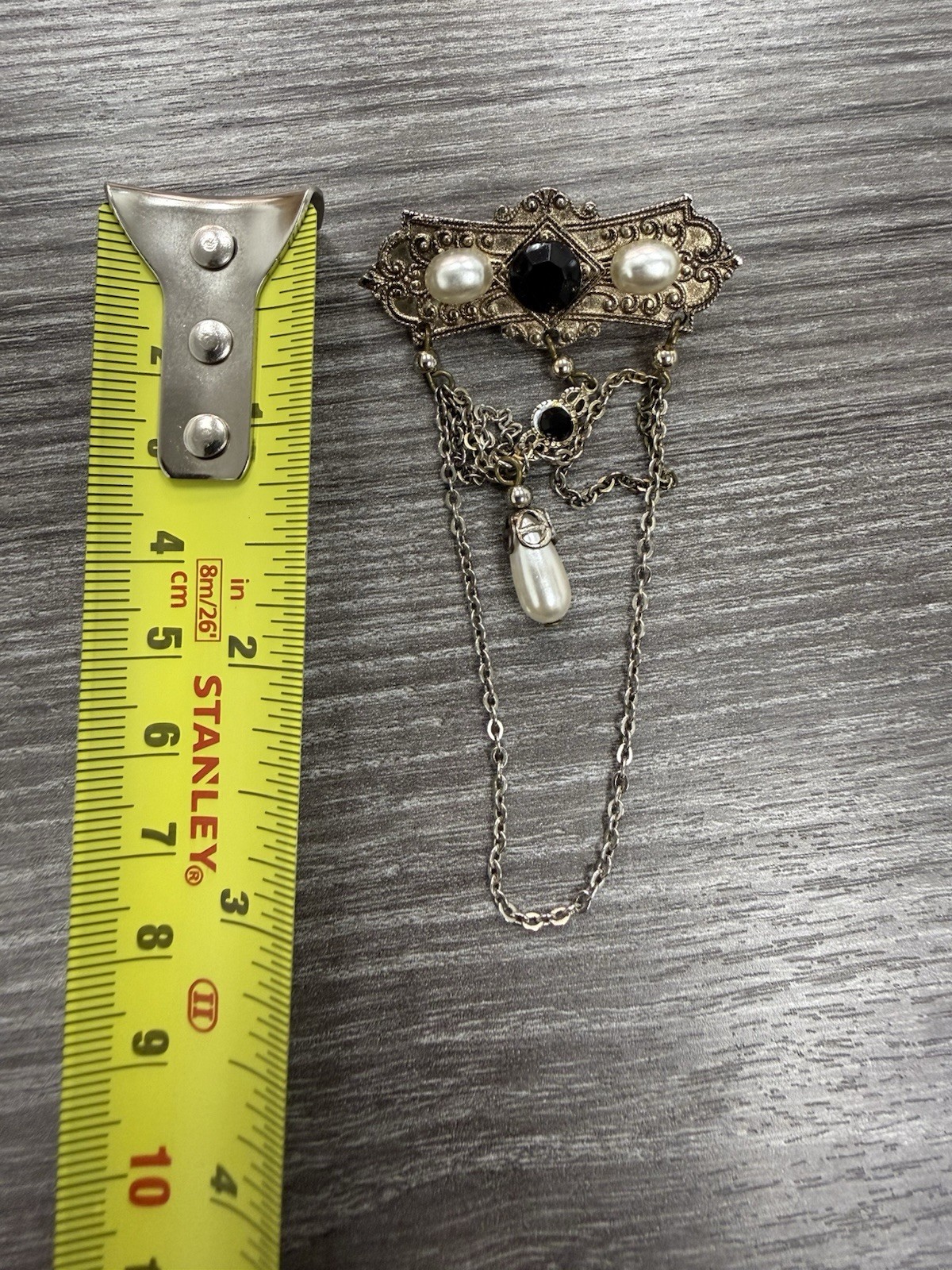 Silver Tone Asymmetrical Brooch Pin, Metal, Dangle Chain, Pearl & Onyx, 1.75 in