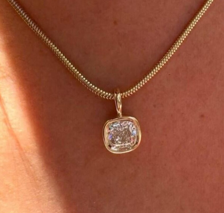 3 CT Cushion Cut Bezel Moissanite Wedding Pendant 14K yellow Gold Plated For Her