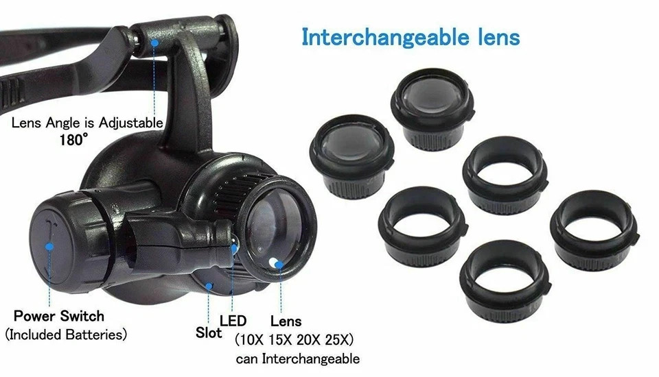 LED Light Headband Magnifying Glass Glasses Loupe Set Reading Craft Hobby 6 Lens