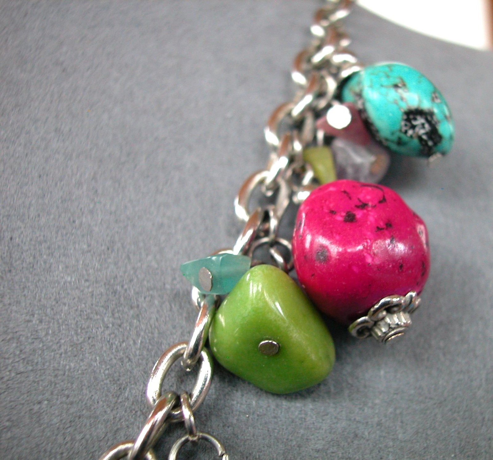 Chunky Multicolor Stone Beaded Silver Chain Necklace 16″ With 2.5″ Extender