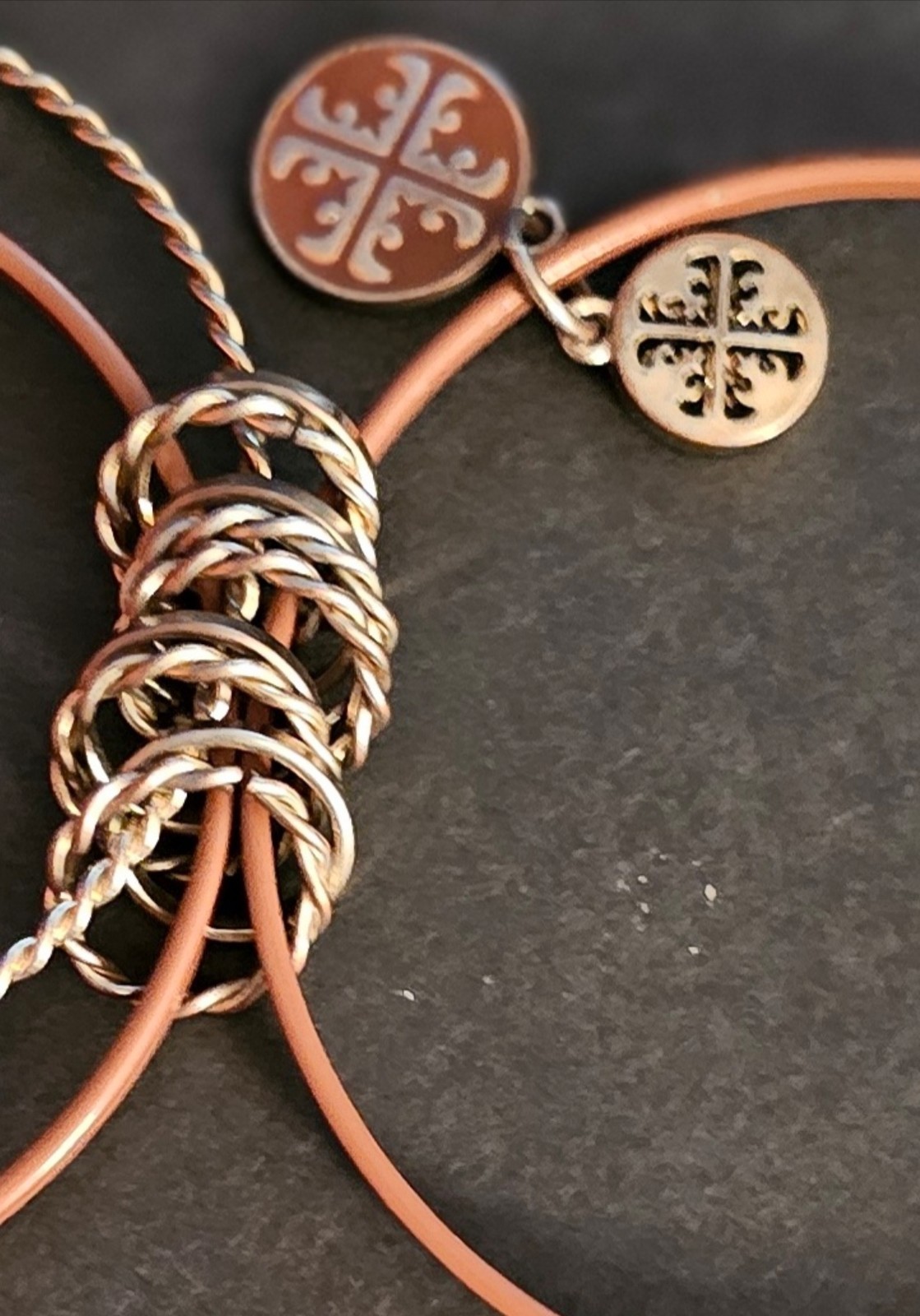 Brown Leather Wire Bangle Cuff Bracelet w/ Round Cross Dangle Charms