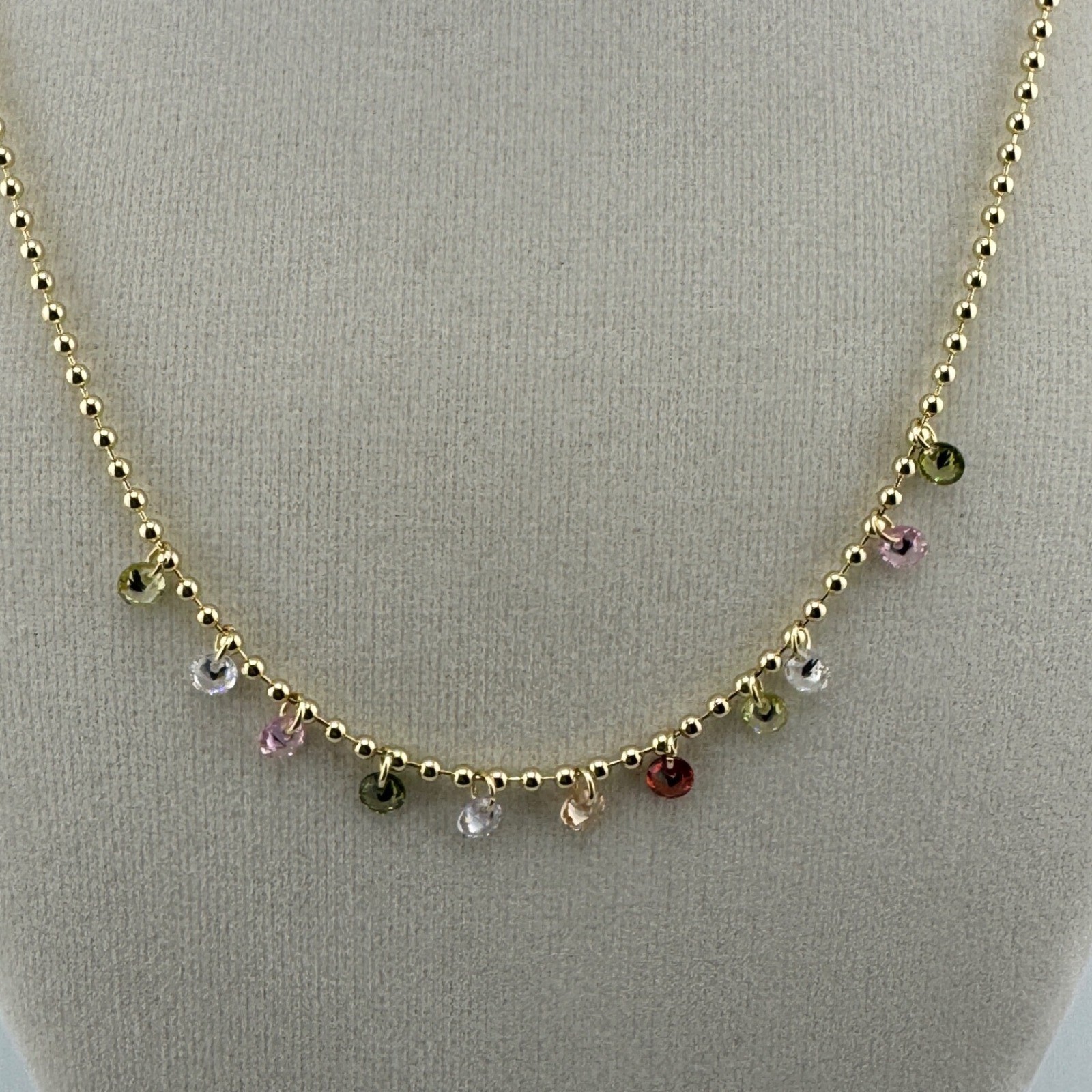 Gold Tone Multi Color Crystal Charm Ball Chain Necklace Adjustable Lobster Clasp