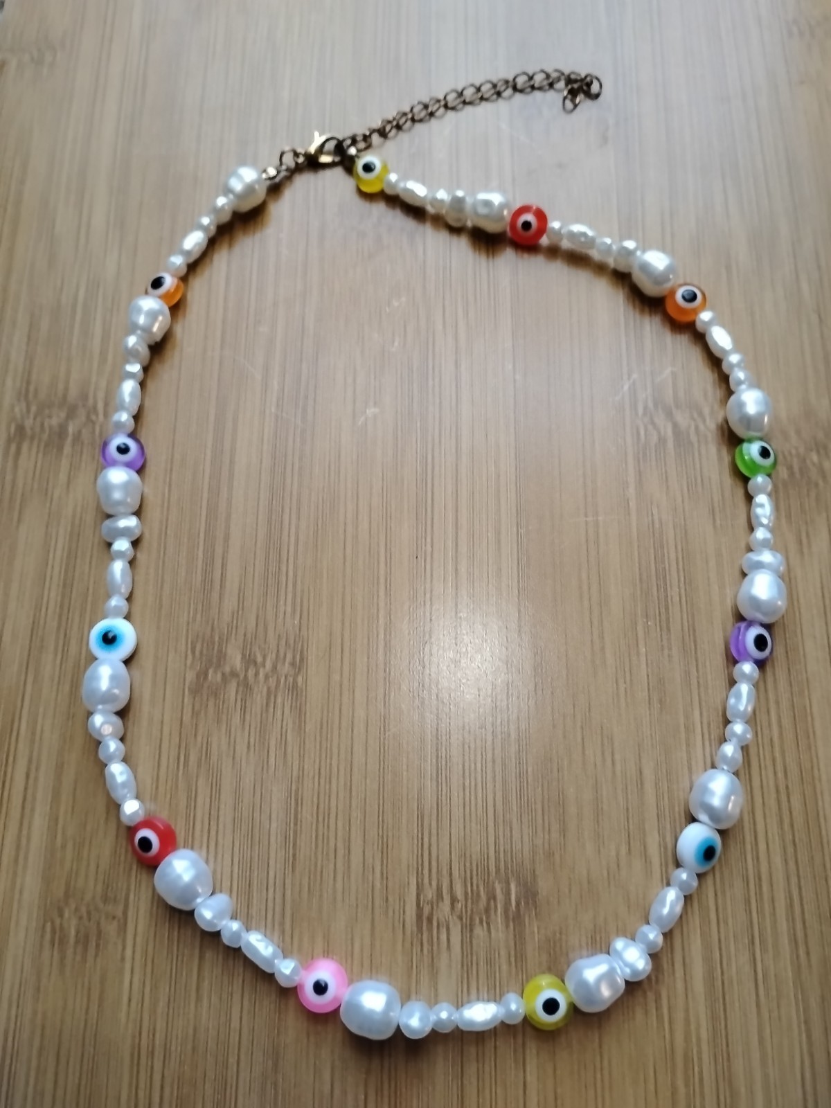 Evil Eye Charm Triple Freshwater Pearl Link Necklace