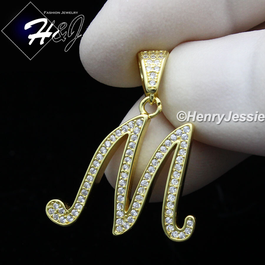 925 STERLING SILVER CUBIC ZIRCONIA GOLD PLATED INITIAL LETTER “M” PENDANT*GP175