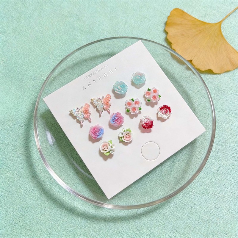 6Pair Women’s Colorful Resin Flower Butterfly Ear Studs Set Sweet Earrings