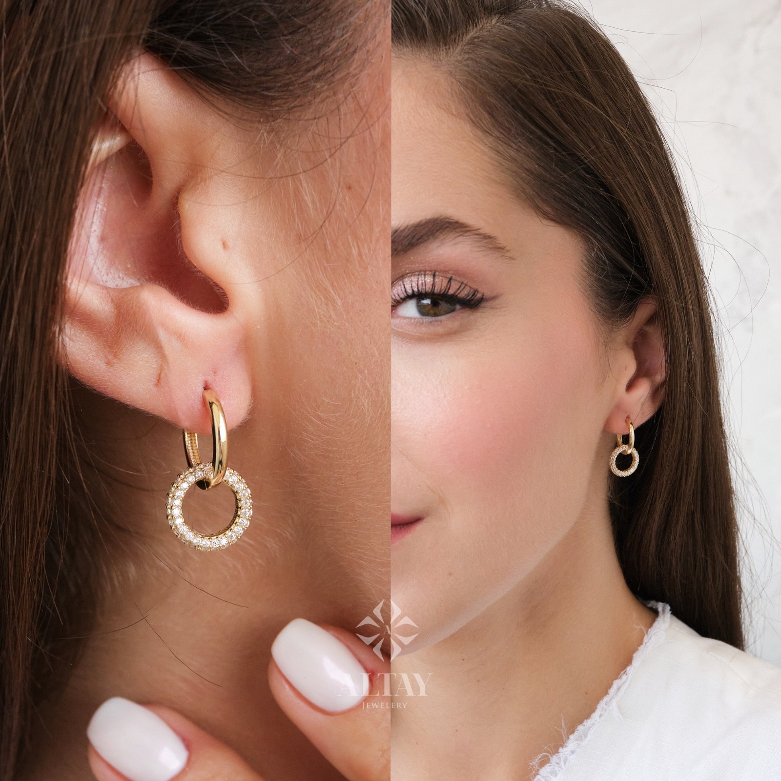 14K Gold Dangling Drop Earrings, Cz Diamond Earrings, Cartilage Upper Earlobe