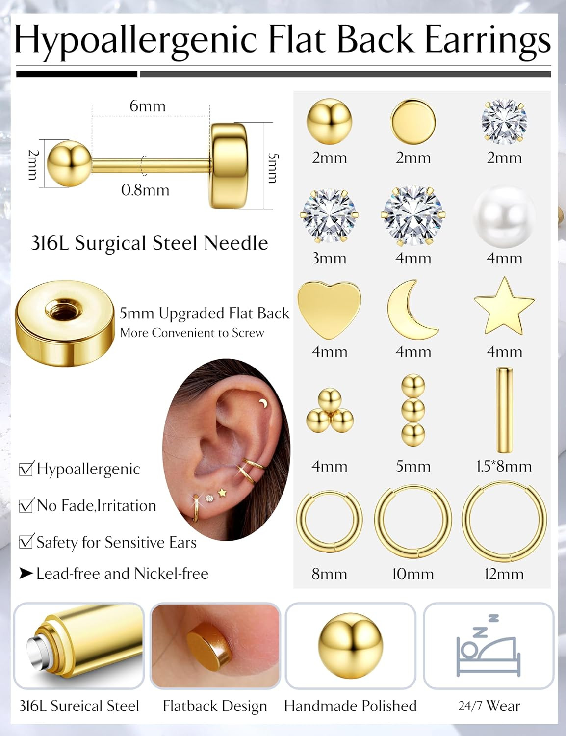 Small Hypoallergenic Flat Back Stud Earrings for Women Men 14K Gold Plated Surgi