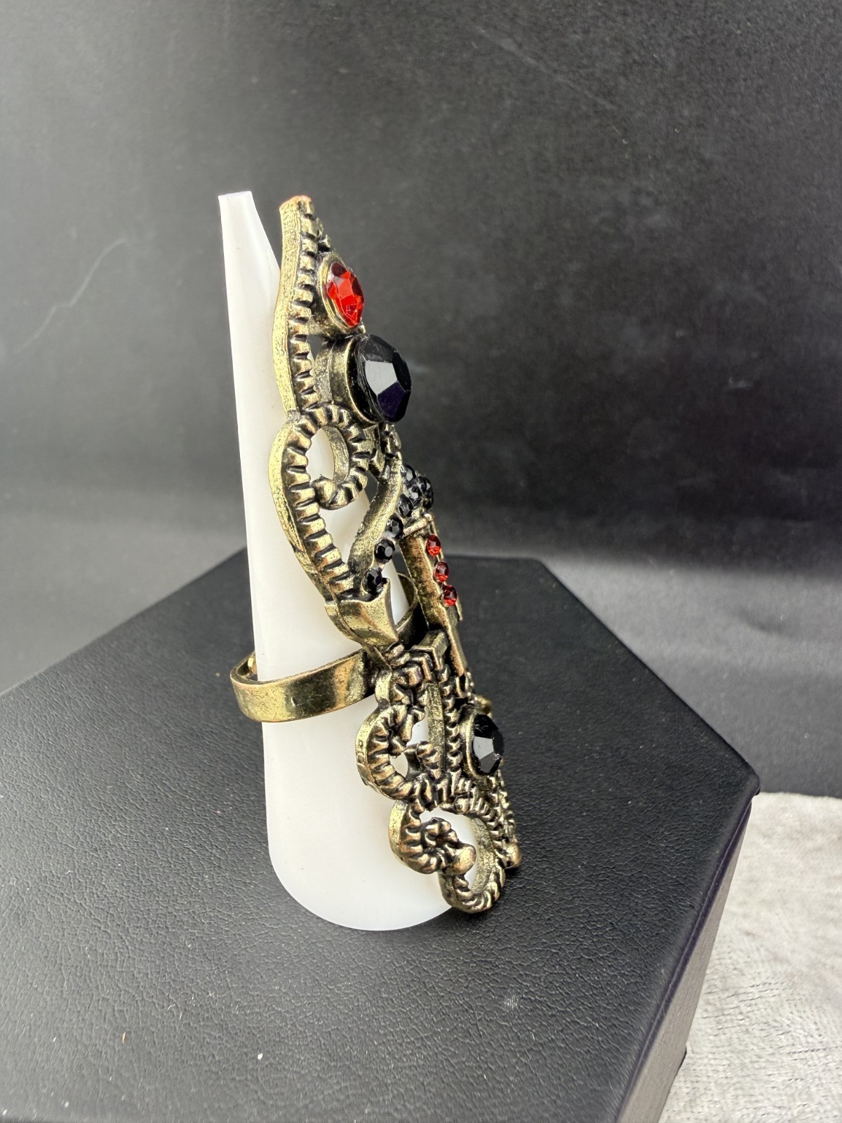 Steampunk Costume Ring Cosplay Red Black Rhinestone Adjustable Goth Gold Tone 7″