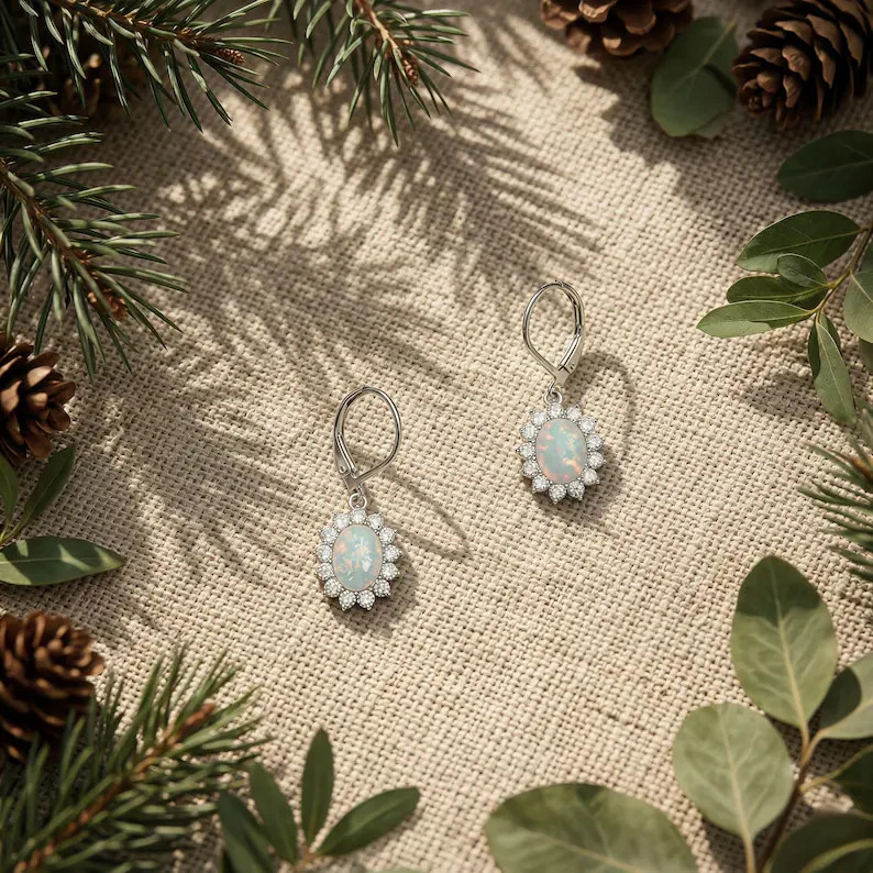 2.20TCW Oval Natural Fire Opal Drop & Dangle Halo Earring 14k White Gold Plated