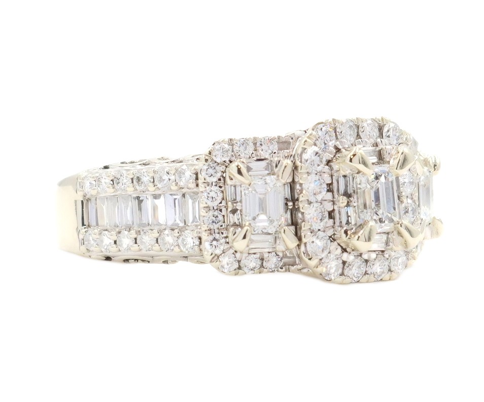2.65 ctw Emerald, Baguette, & Round Double Halo 14KT White Gold Engagement Ring