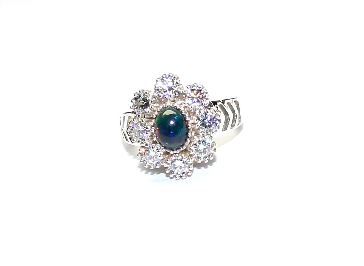 Black Opal Ring, Sparkle Moissanite 925 Silver Ring, Unique Engagement Jewelry