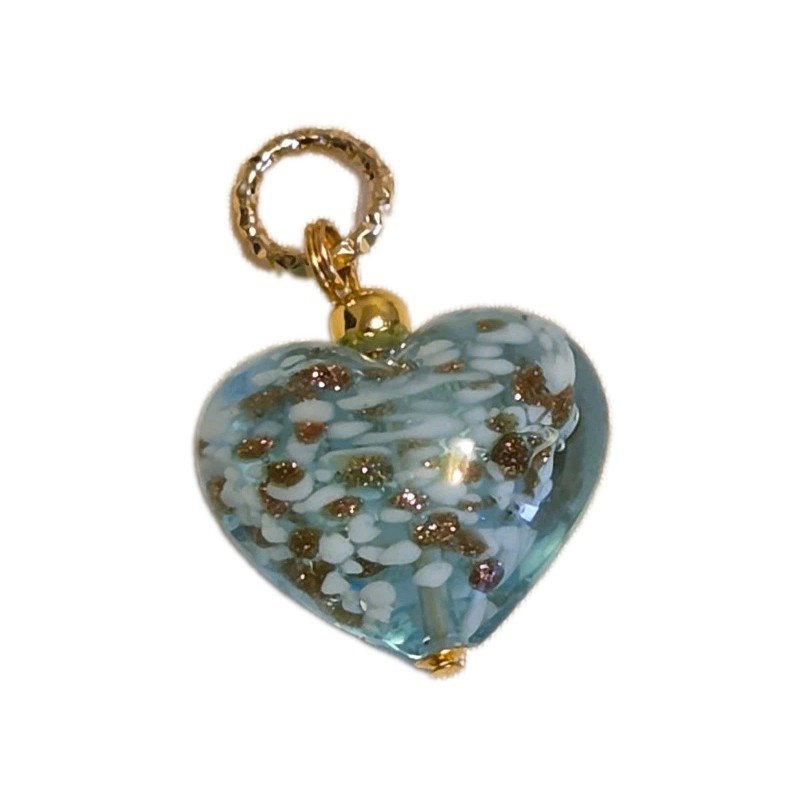Vintage Murano Style Aqua Glass Heart Pendant – Shimmering Gold-Tone Flecks