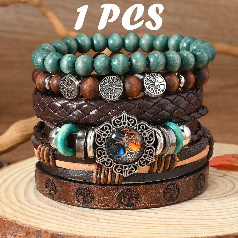 Bohemian style multi-layered leather bracelet with stacked, multi-colored beads.