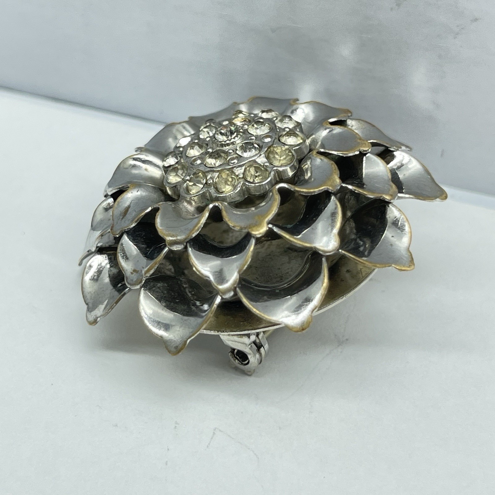 Brooch Silver Tone Flower Layered Petals Rhinestone Center No Mark -Flaw