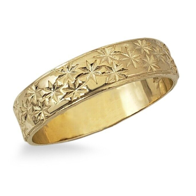 Solid 14K Women’s Yellow Gold Etched Ring, 5mm Real Gold Star Ring Size 3 – 12
