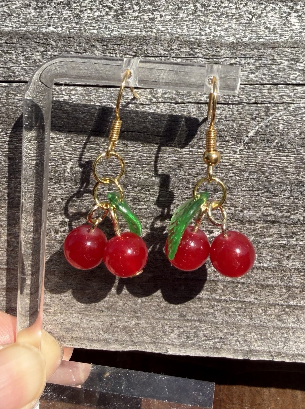 Gold Tone Hook Dangle Drop Earrings Red Cherry Beads Green Leaf No Stone