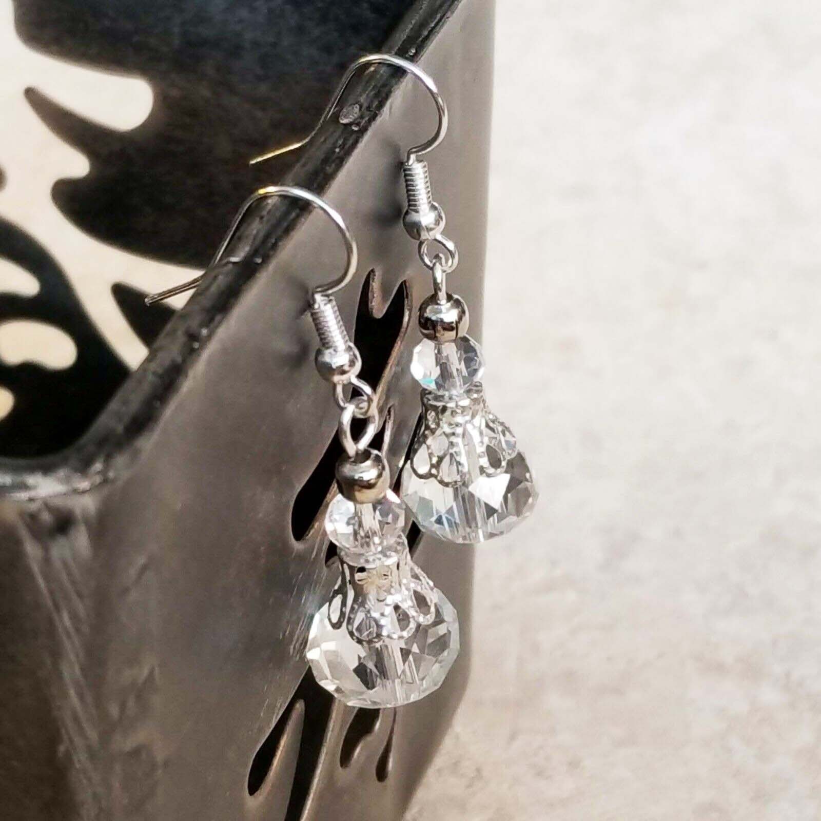 Handcrafted Victorian Clear Crystal Silver Filigree Basket Earrings