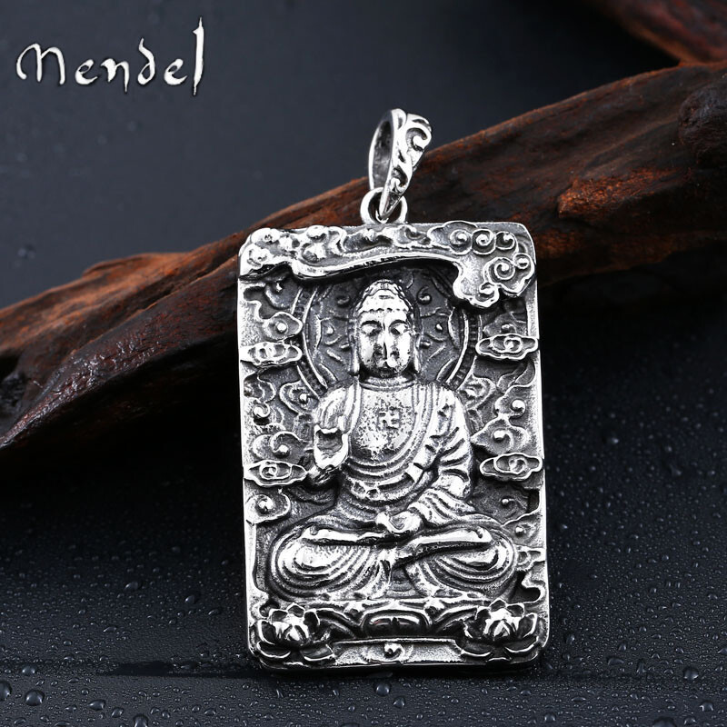MENDEL Stainless Steel Mens Thai Tibetan Large Amulet Buddha Pendant Necklace