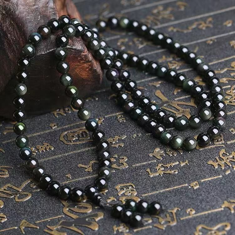 Natural Rainbow Obsidian 108 Mala Beads Necklace Vintage Healing Wrap Bracelet