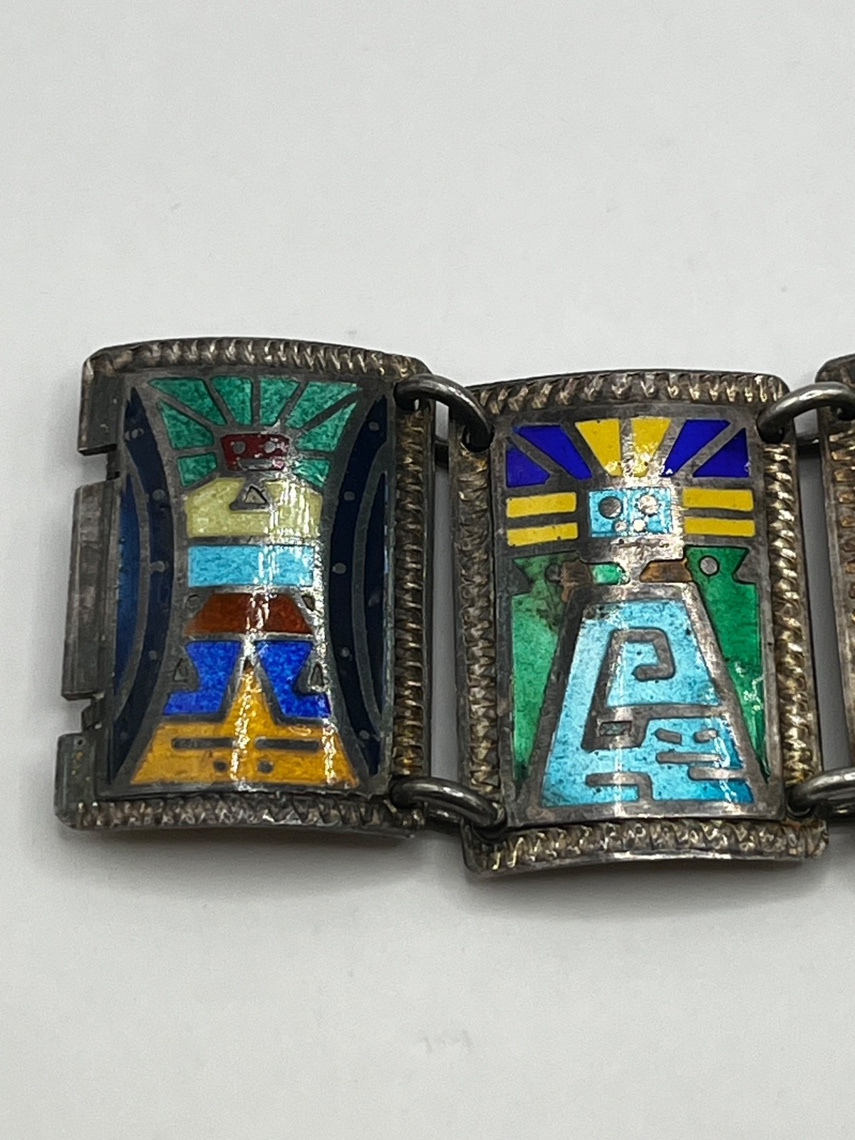 Vintage Mid-Century Peruvian 925 Sterling Silver Enamel Link Panel Bracelet 44g