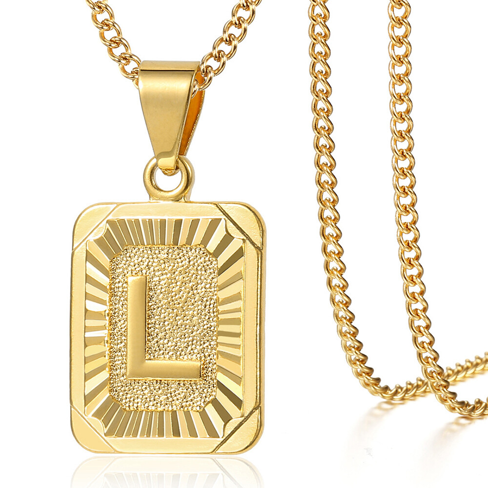Gold Plated Initial Necklace Letter Pendant Stainless Steel Curb Chain Unisex