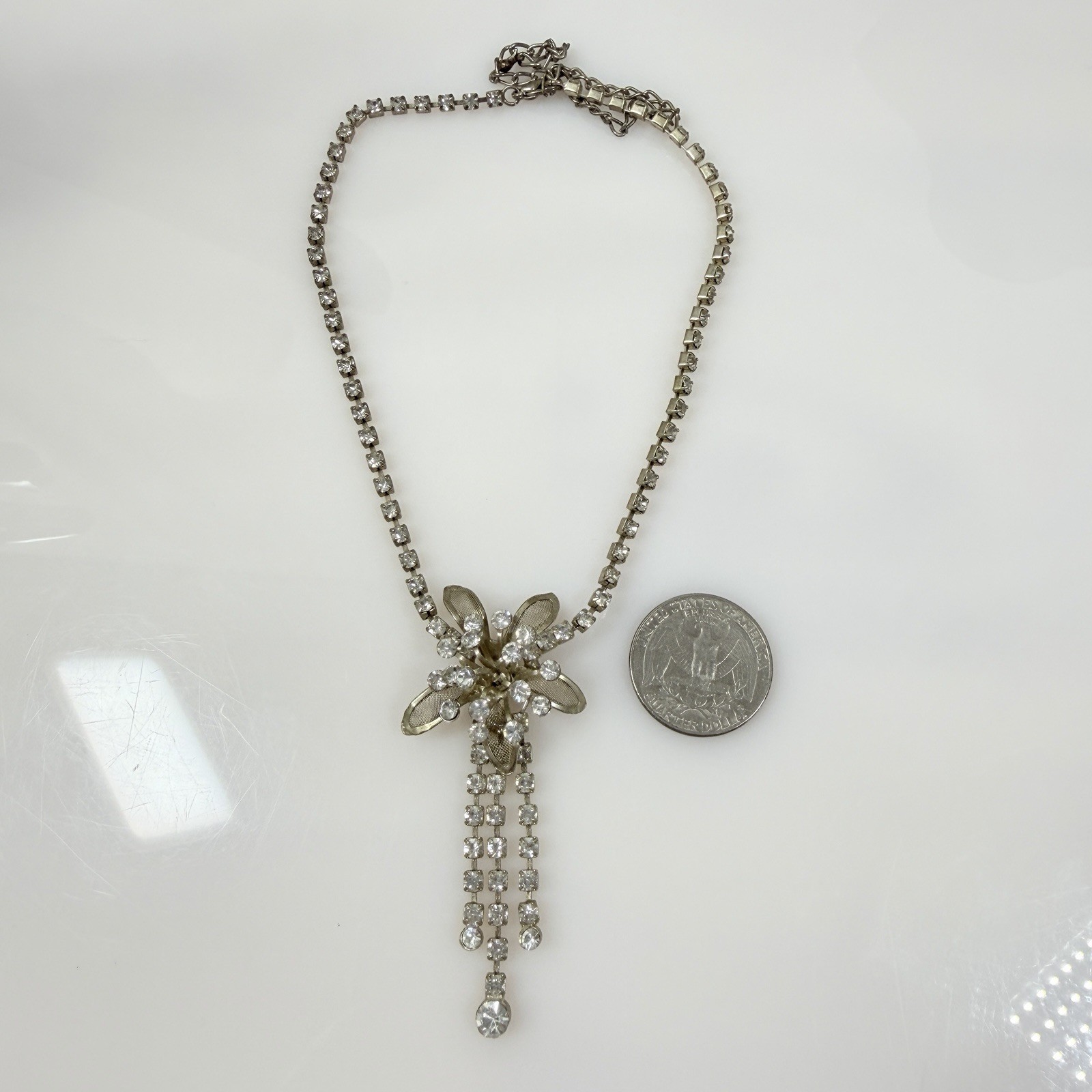 Vintage Rhinestone Necklace Choker Flower Lightweight Adjust up to 16″