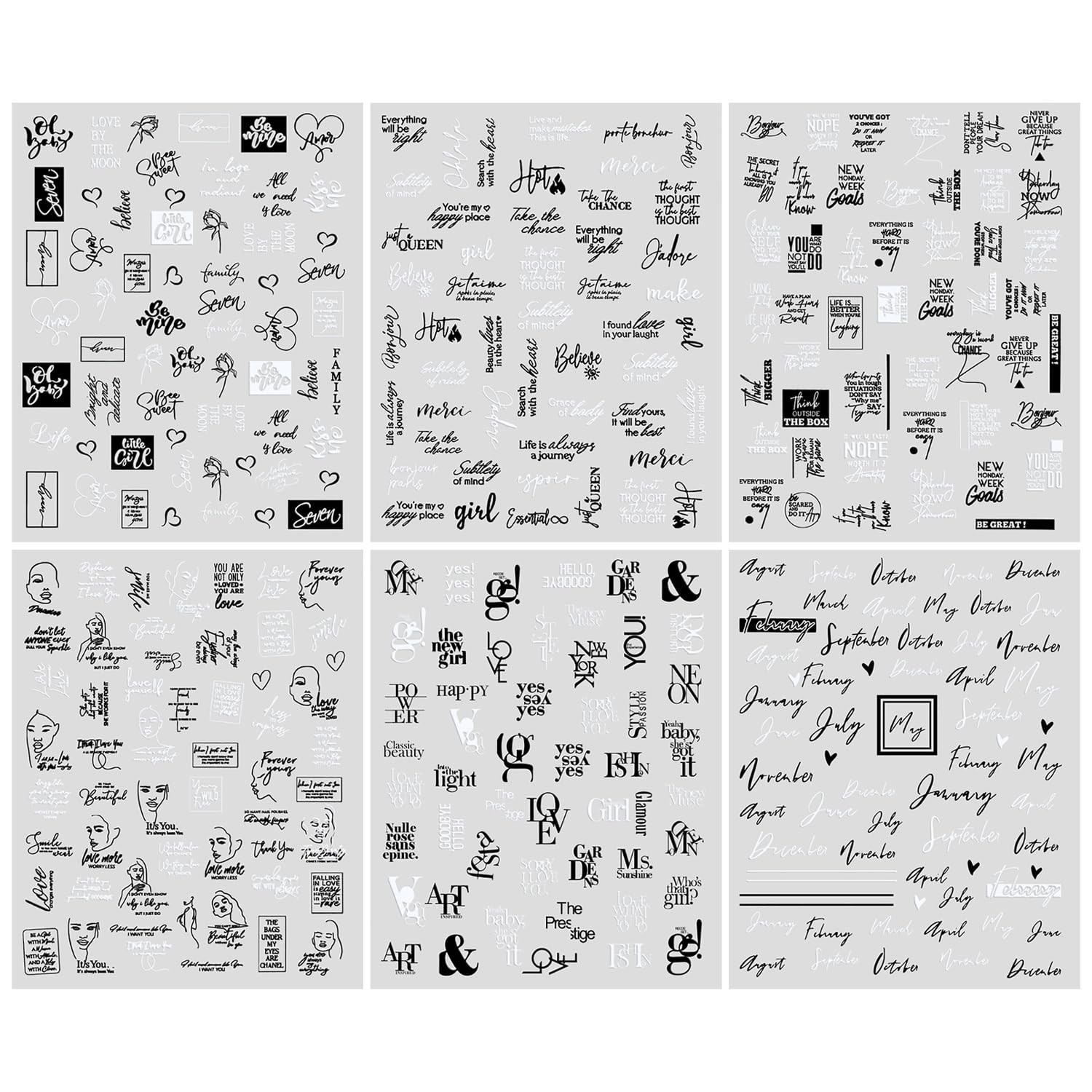 6 Sheets Black White Words Nail Stickers Self Adhesive English Words Abstract…