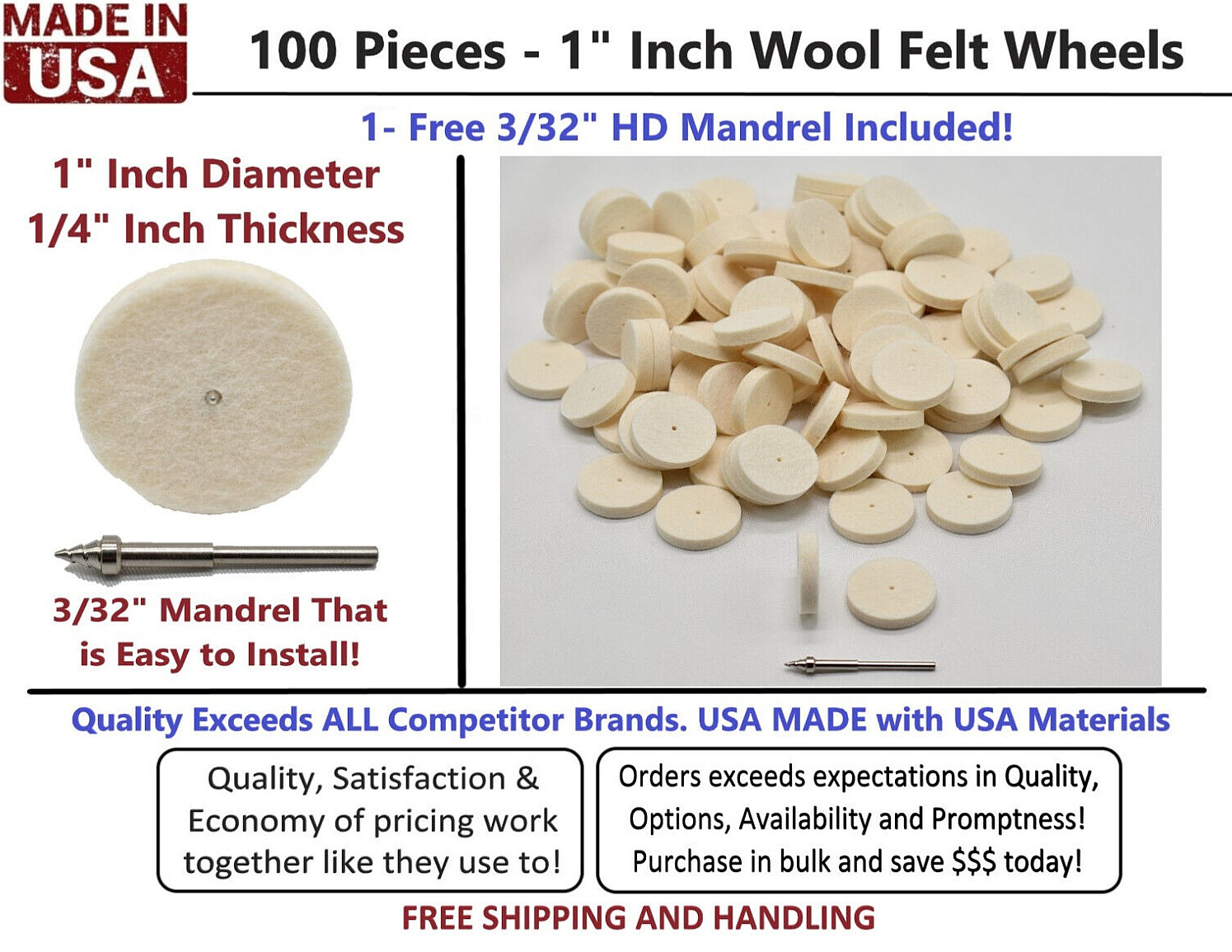 100 Pieces 1 Inch Wool Felt Buffing Polishing Wheels with Free Mandrel USA MADE