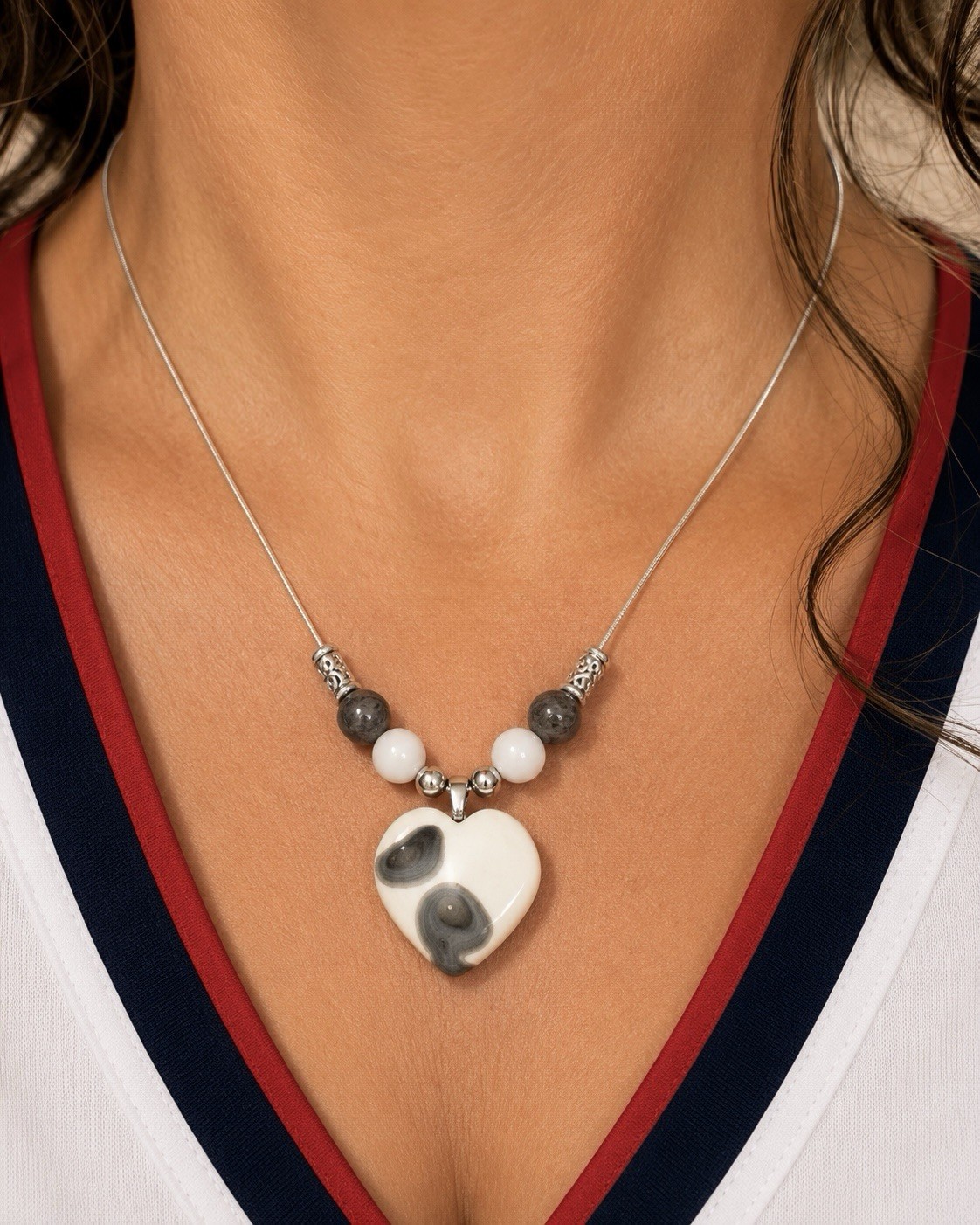 Silver snake chain Necklace, Jasper Heart Pendant w/ White & Gray Stone Beads