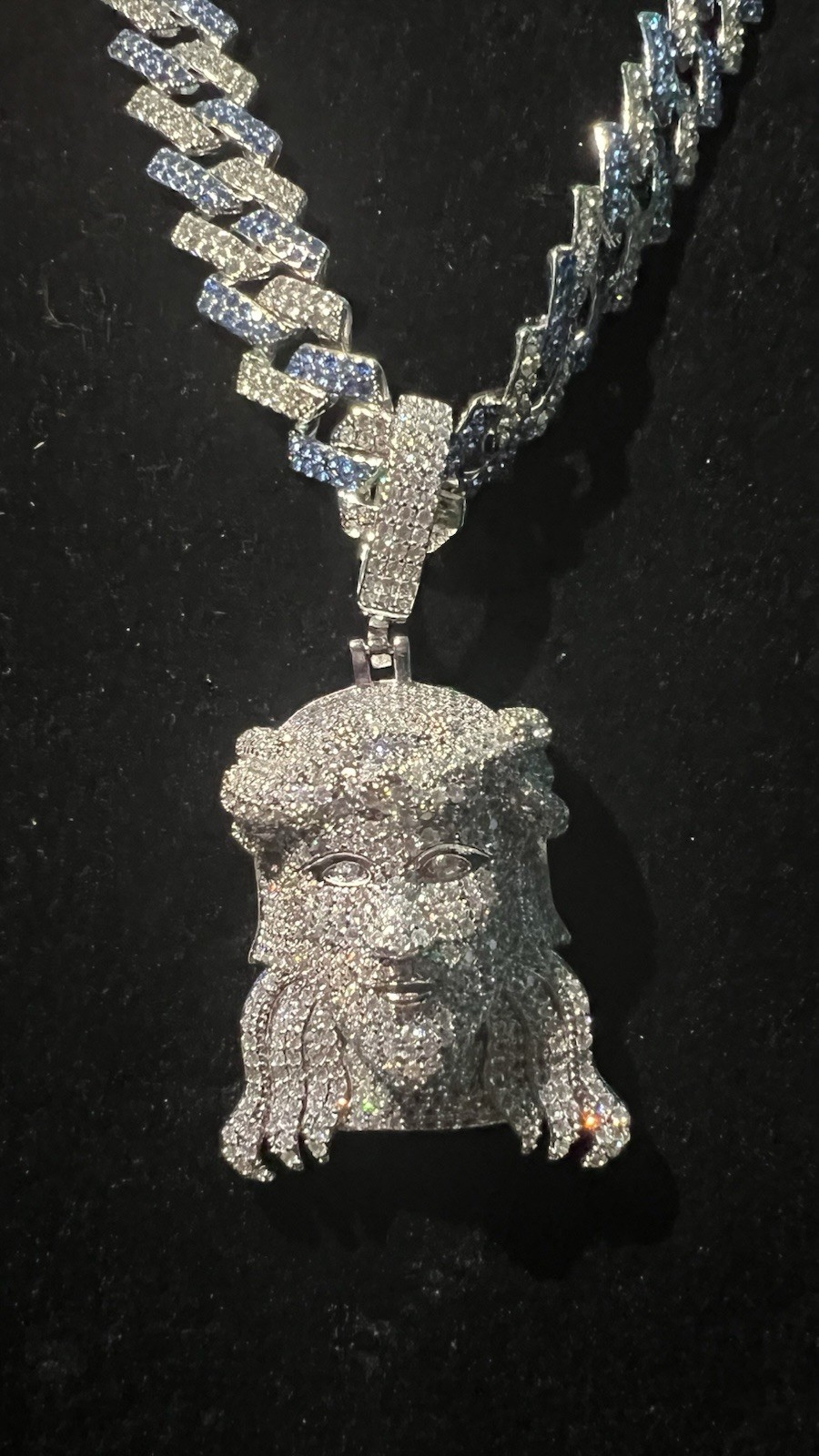 22” iced out 5ACZ blue & silver Cuban w Jesus pendant full iced