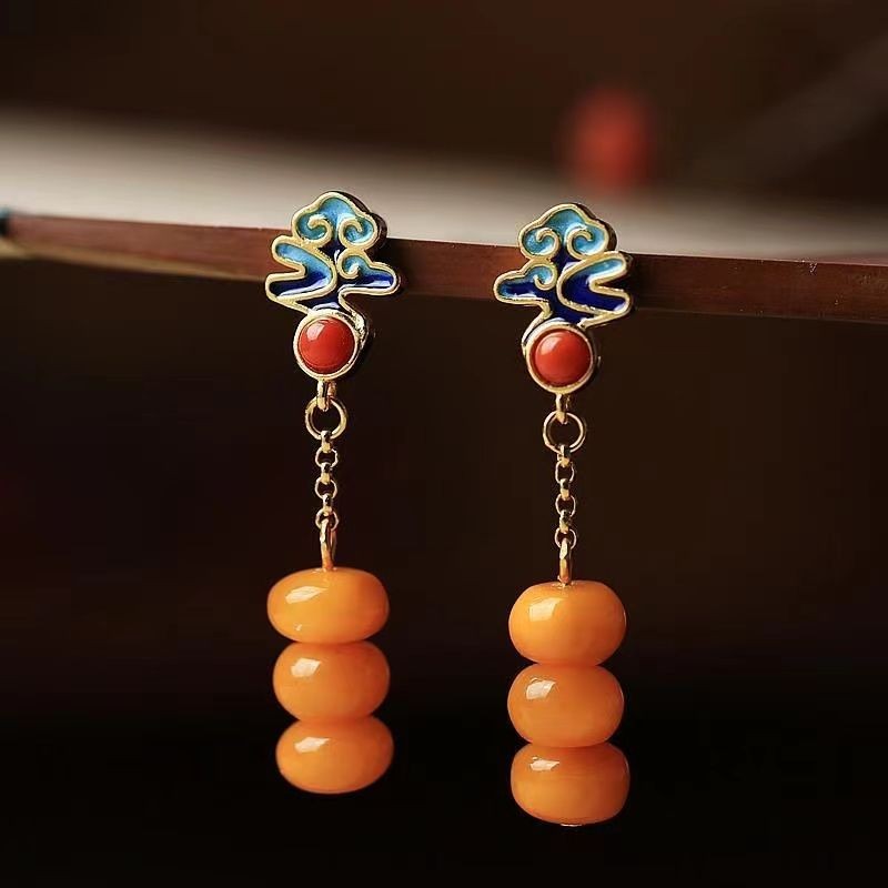 Amber Cloud Earrings Enamel Tassel Drop Dangle Chinese Style Vintage Jewelry