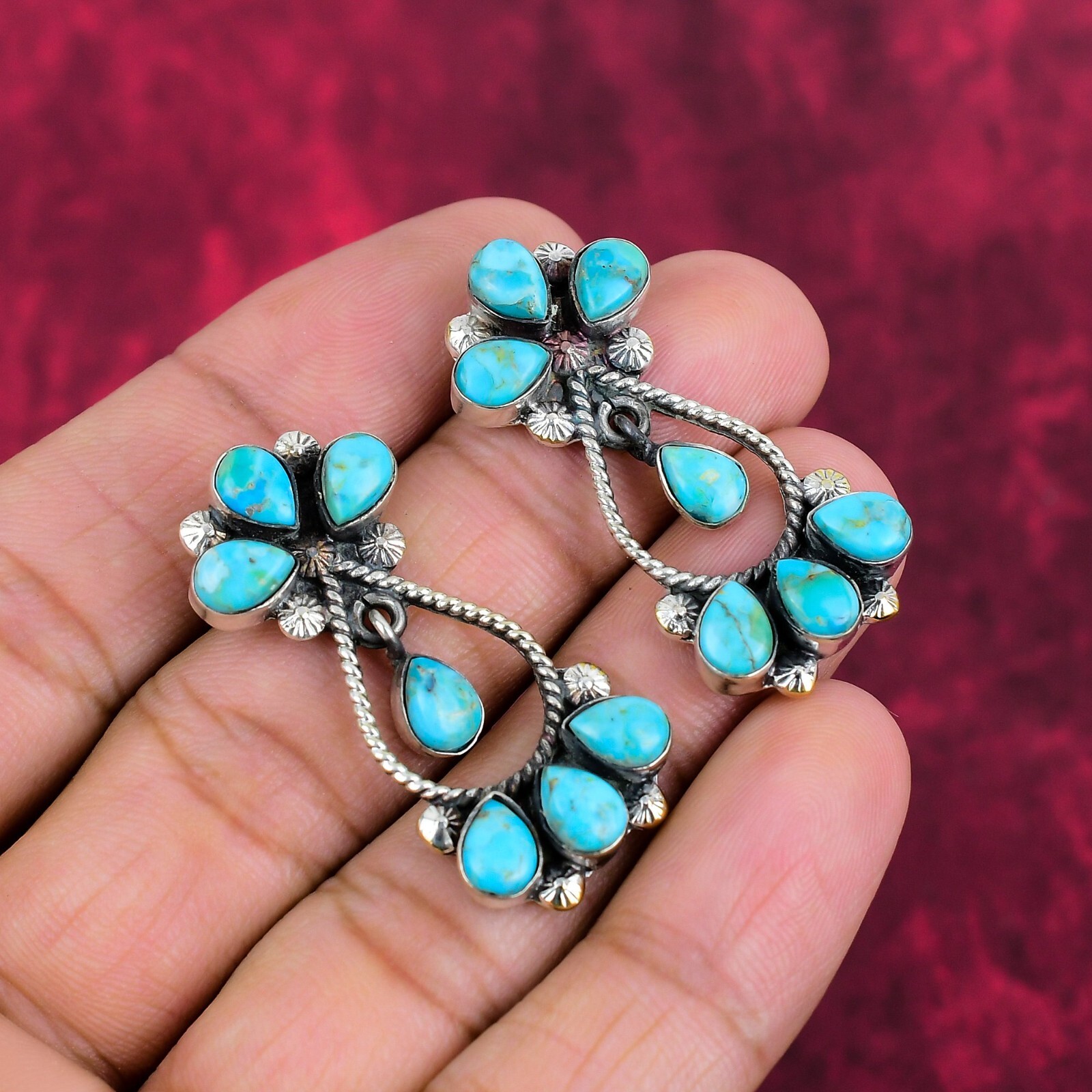Tibetan Turquoise Gemstone Handmade 925 Sterling Silver Earrings Jewelry