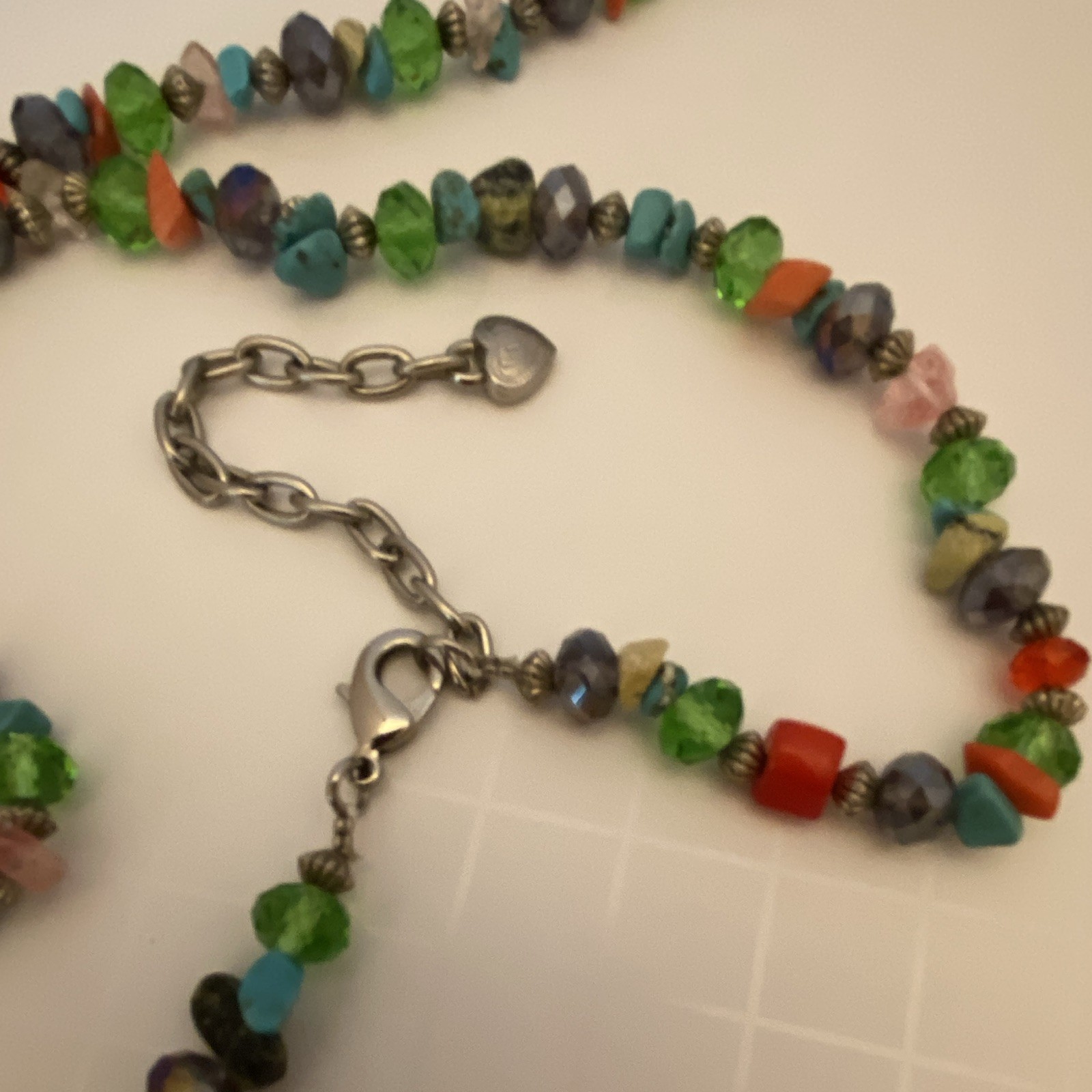 Multicolor Glass Beaded Necklace with Crystal Accents Extender Lobster Clasp