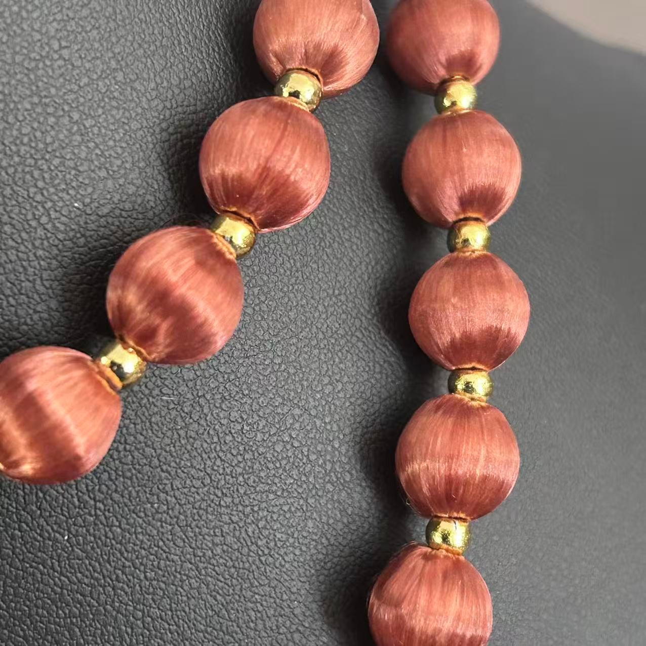 Vintage Burgundy Silk Satin Thread Wrapped Bead Single Strand Necklace 30″