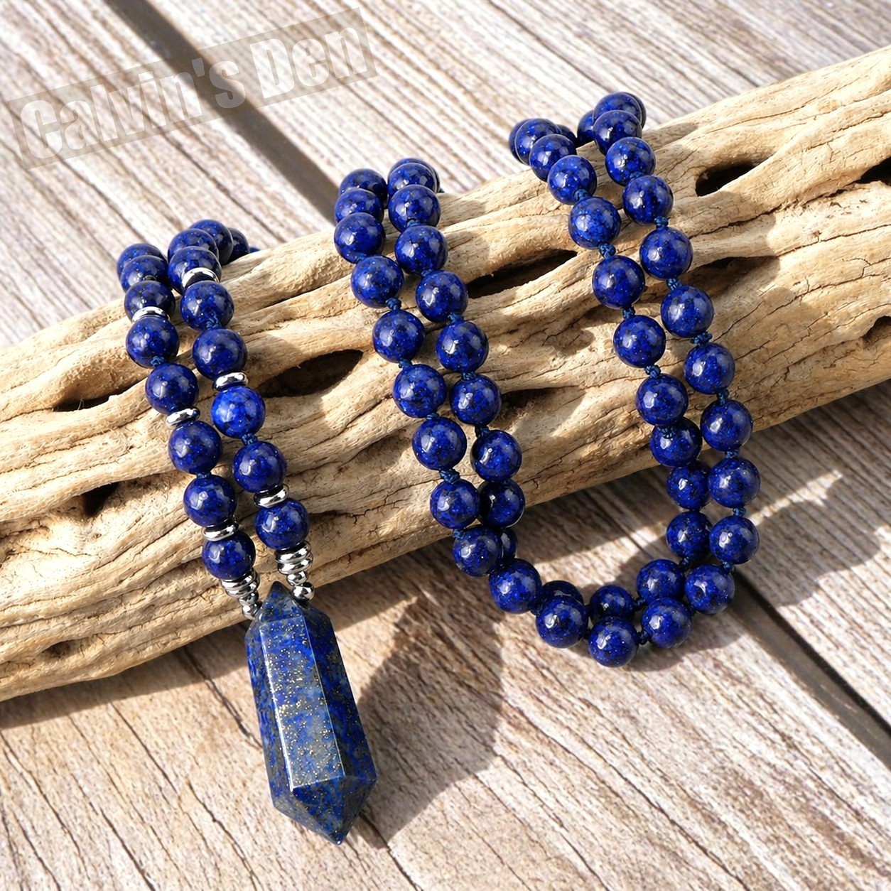 Lapis Lazuli Bead Necklace + Lapis Lazuli Crystal Point Pendant Handmade Gift