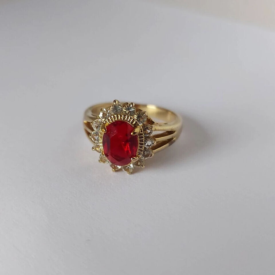 2Ct Oval Cut Lab-Created Red Ruby 14K Yellow Gold Plated Engagement Halo Ring