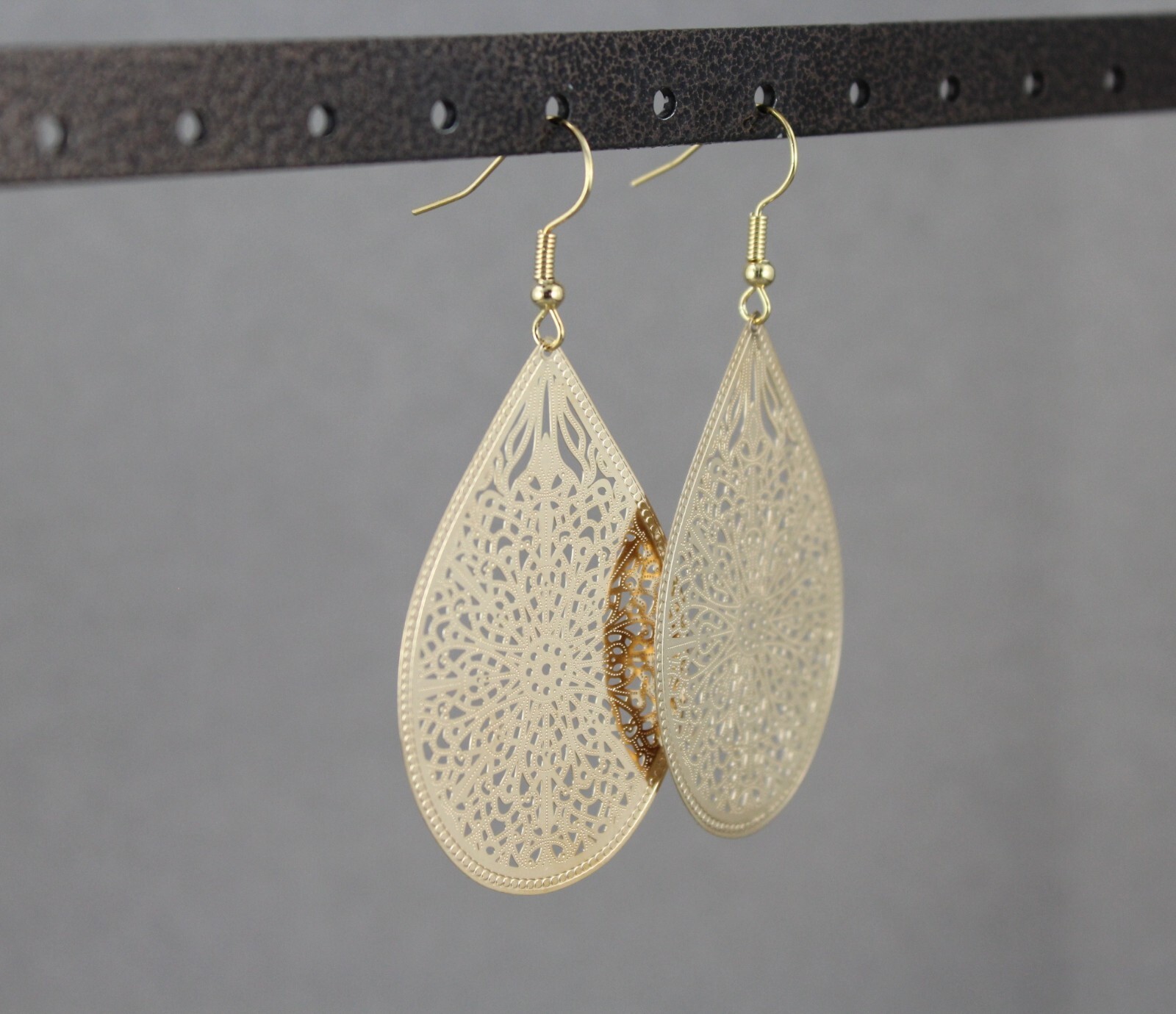 Gold earrings teardrop dangle shiny VERY lightweight filigree earrings 2.5″ long
