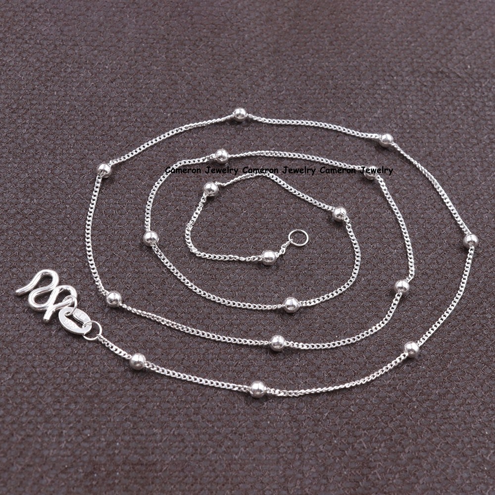 Pure S999 Fine Silver 999 Satellite Beads Chain Curb Link Necklace 2-3g 17.9inch