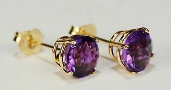 2Ct Round Cut Amethyst Solitaire Push Back Stud Earrings 14K Yellow Gold Finish