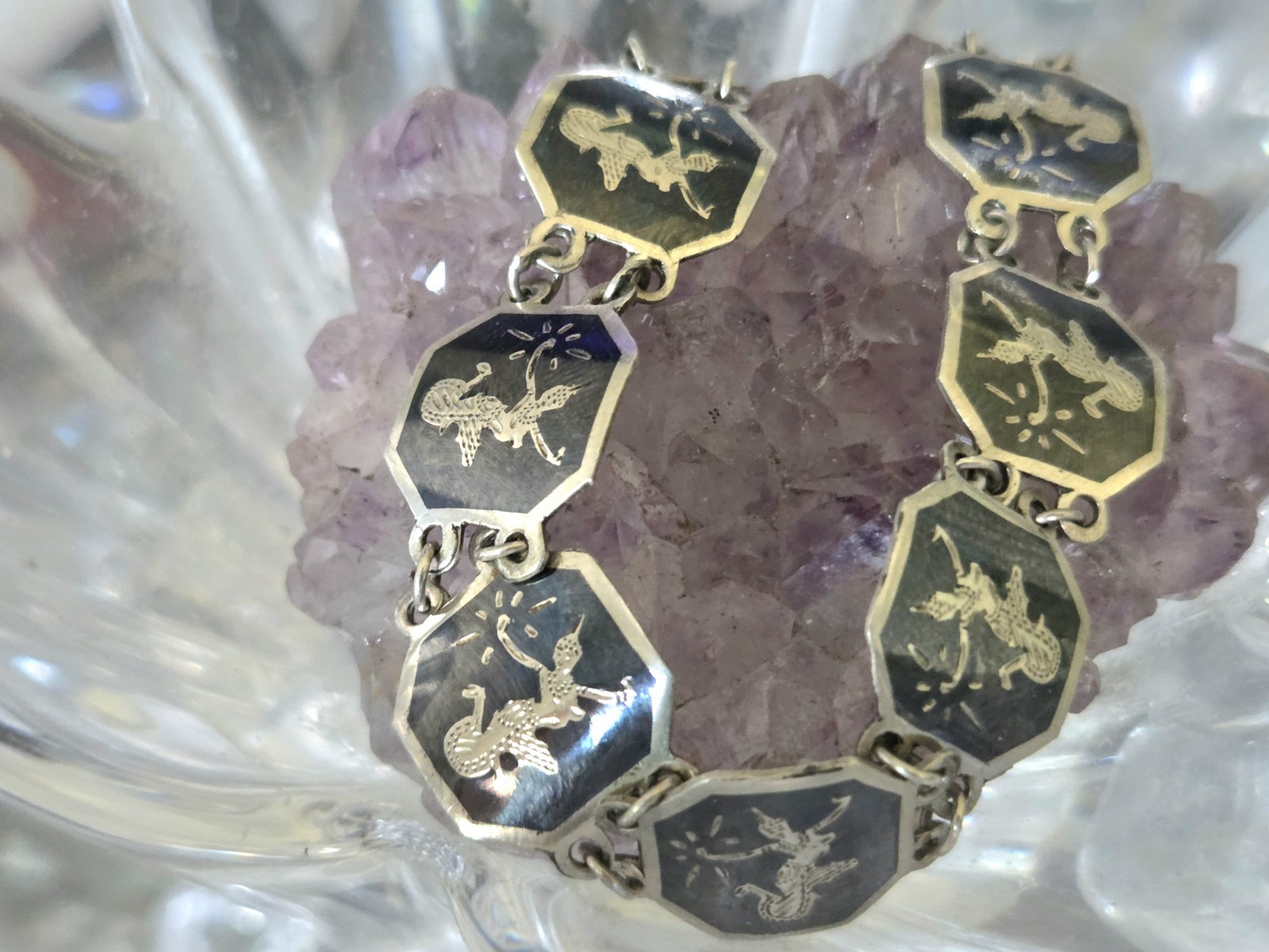 Vintage 925 Sterling Silver 40s Siam Black Enamel Dancer Goddess Bracelet 7.5in